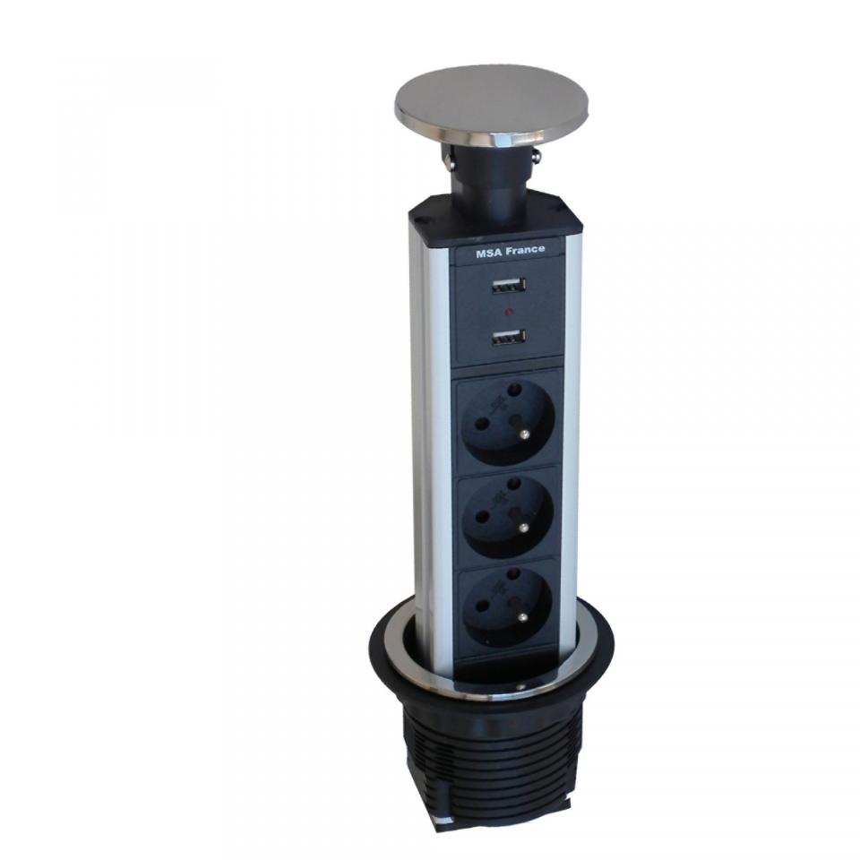 Bloc 3 prises escamotables et 2 ports USB Gris