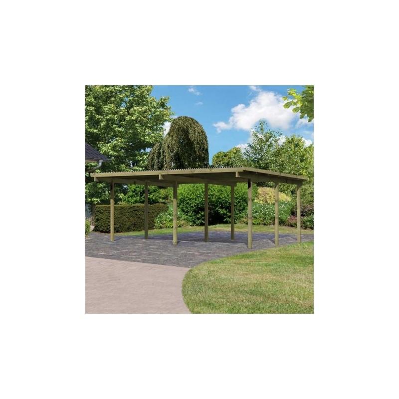 Carport double en pin autoclave avec toit PVC 27,5