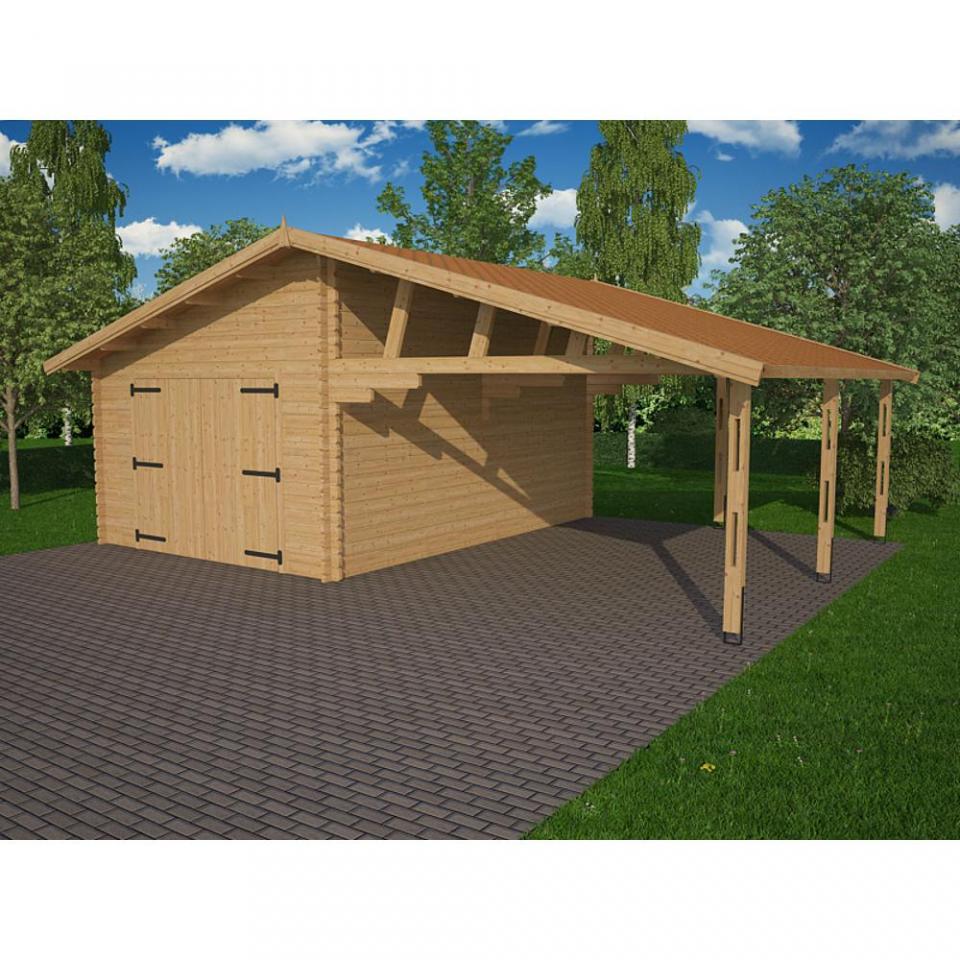 Garage avec abri voiture en bois brut 44m², 44mm R