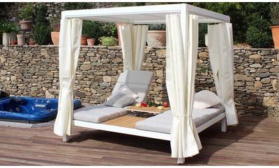 LIT DE JARDIN DOUBLE À BALDAQUIN EN TECK MASSIF -