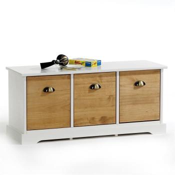 Banc en pin NANCY, 3 tiroirs, lasuré blanc/brun
