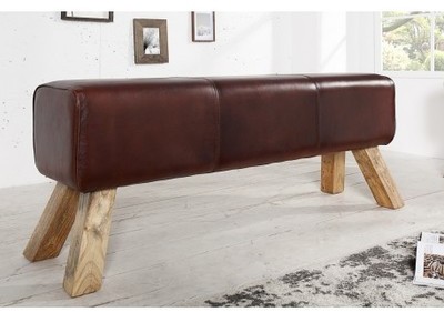 Banc en cuir marron avec piétement en bois