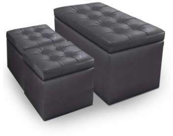 Banquette coffre matelassée gris Cornelius avec 2 poufs Banquette coffre matelassée