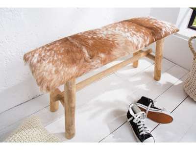Banc en bois massif teck fourrure peau de chèvre brun Banc en bois massif teck fourrure