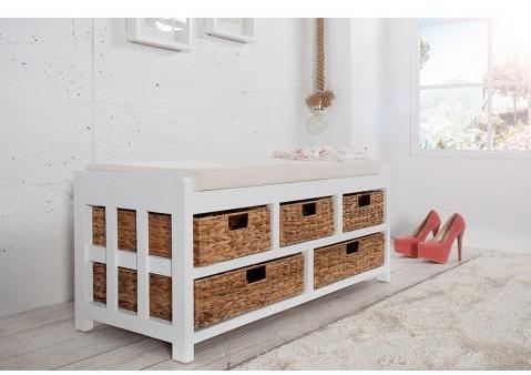Banc de rangement blanc en bois acacia 5 paniers Sandav Banc de rangement blanc en