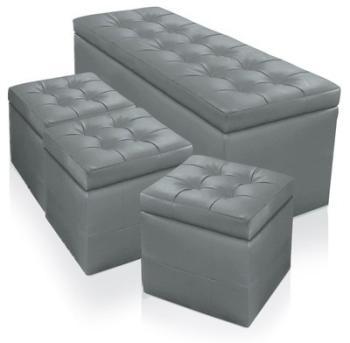 Banquette Coffre Valence XL + 3 poufs Gris
