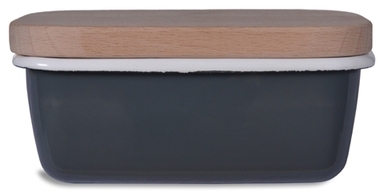 Beurrier en métal émaillé anthracite et blanc avec