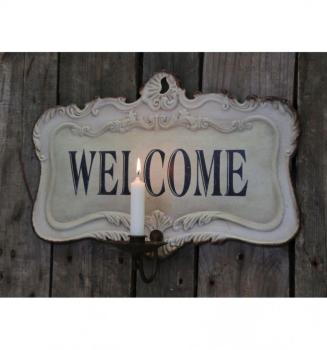 Plaque Welcome en métal blanc avec son porte bougi