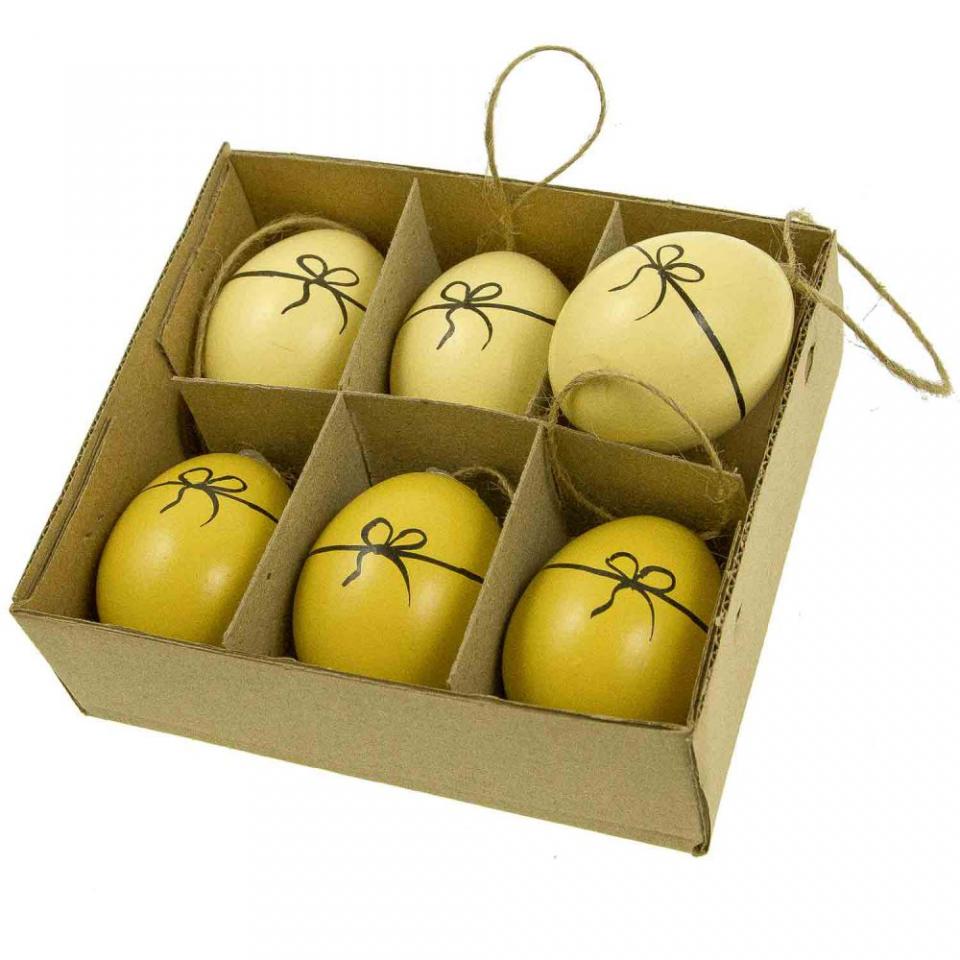Boite de 6 oeufs de poule décoratifs avec noeud pe