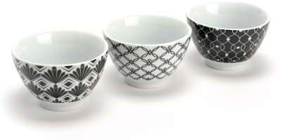 Coffret de bols en porcelaine motif art déco noir et Coffret de bols en porcelaine