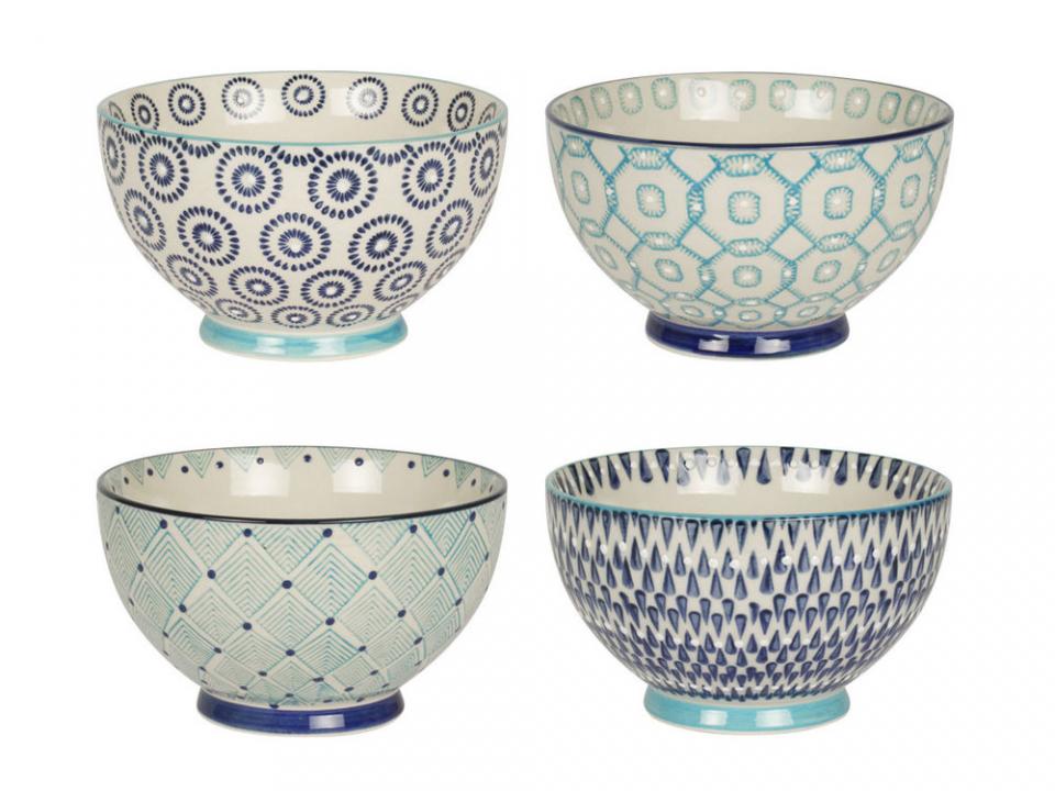 Bol en grès D.14cm motifs assortis blanc / bleu -