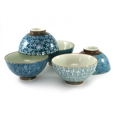Set de 5 bols à riz bleus chawan en céramique japo