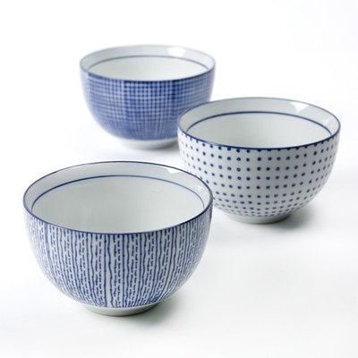 Bol en porcelaine blanche (par 3) motifs bleu Sera