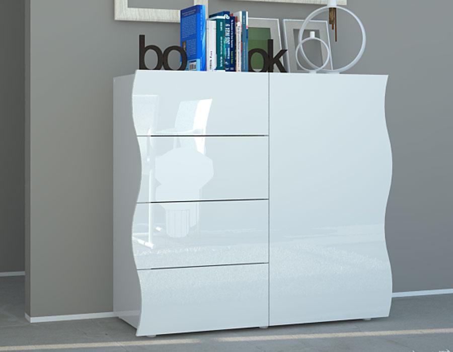 Buffet blanc laqué design 1 porte et 4 tiroirs SWE