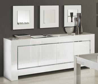 Buffet bahut blanc laqué bandes chromées design FRIZZ Buffet bahut blanc laqué bandes