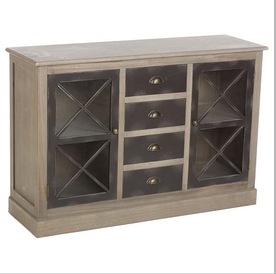 Buffet charme gris vitré en bois et métal 2 portes