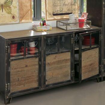 Buffet bas 3 portes en pin acier et verre Buffet bas 3 portes en pin
