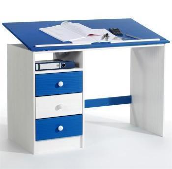 Bureau enfant KEVIN, 3 tiroirs, lasuré blanc bleu