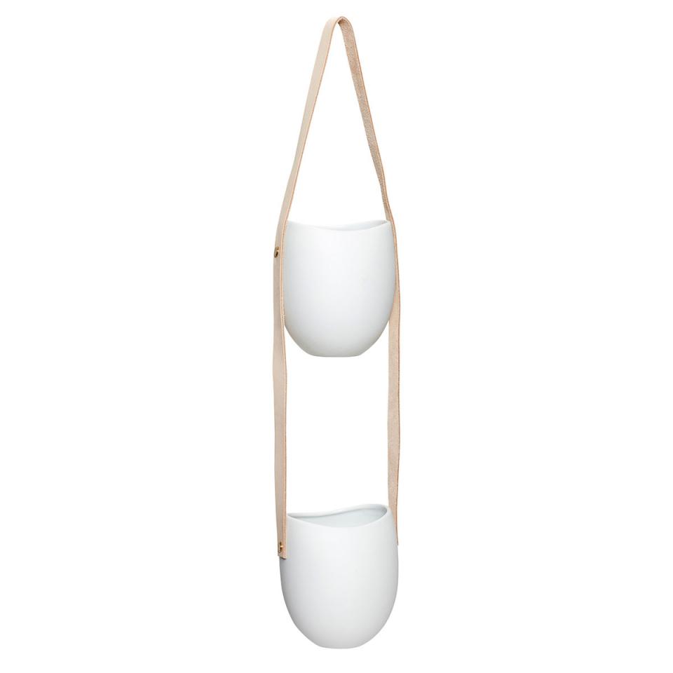 Cache Pot Double à Suspendre Blanc + Cuir