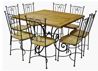 Table carrée chêne et fer forgé + 6 chaises