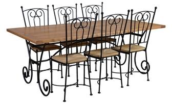 Table rectangulaire chêne et fer forgé + 6 chaises