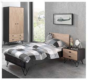 Lit 90x200cm Chevet Armoire 2 portes noir - LEON Lit 90x200cm Chevet Armoire