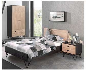 Lit 120x200cm Chevet Armoire 2 portes noir - LEON Lit 120x200cm Chevet Armoire