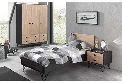 Lit 90x200cm Chevet Armoire 3 portes noir - LEON Lit 90x200cm Chevet Armoire