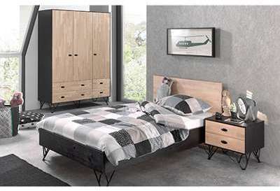 Lit 120x200cm Chevet Armoire 3 portes noir - LEON Lit 120x200cm Chevet Armoire