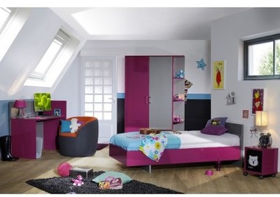 Chambre denfant complète coloris fuchsia et gris