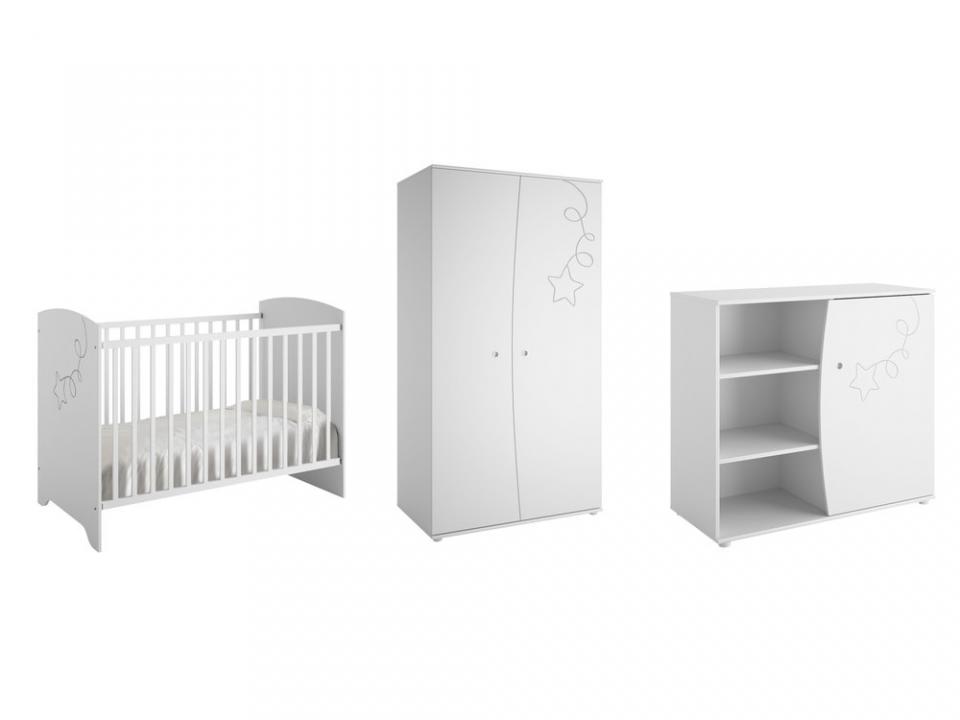 Chambre bébé lit + commode + armoire décor blanc é