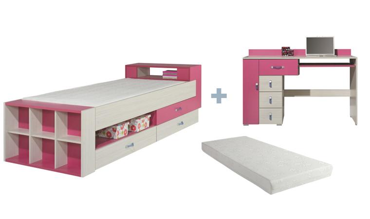 LIT ADO ROSE AVEC TIROIRS ET NICHES DE RANGEMENT -
