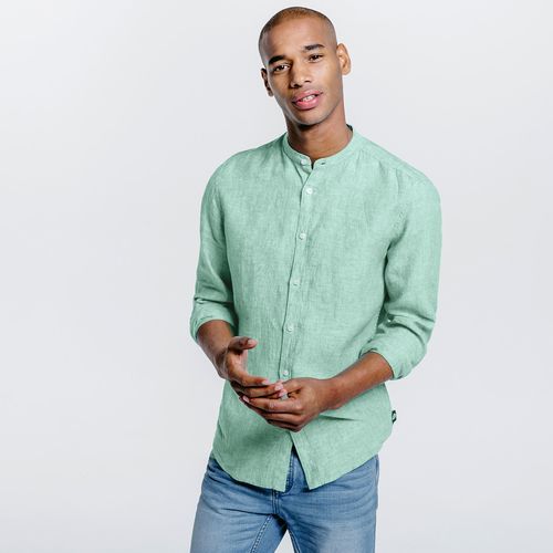 Chemise Pur Lin Col Officier Ajustée Vert/Kaki Hom