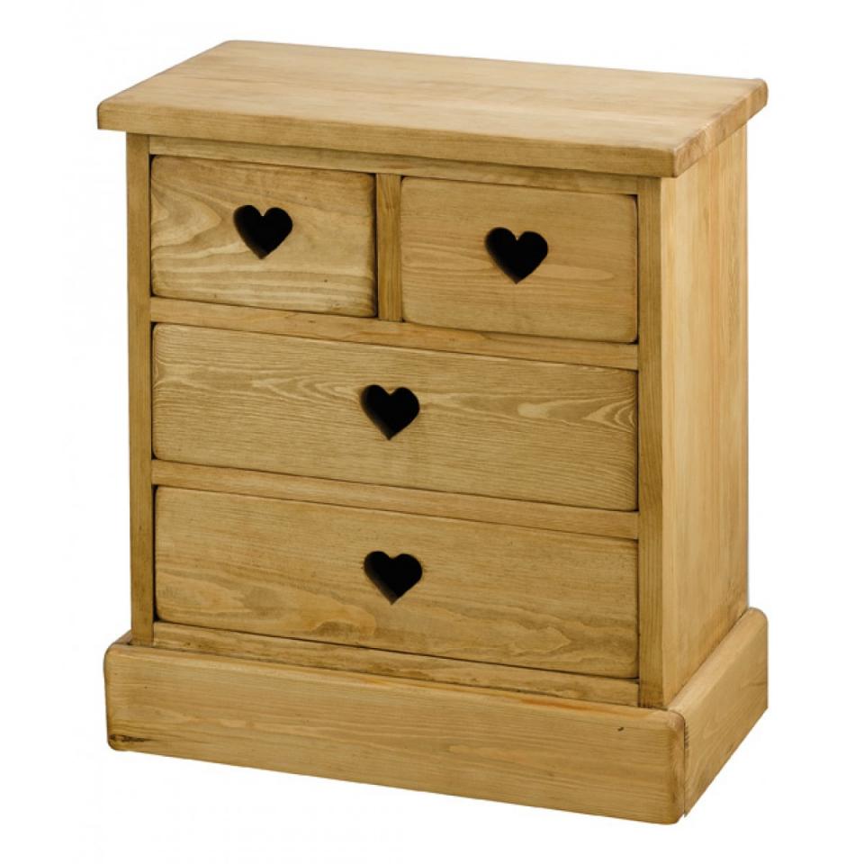 Chiffonnier rustique pin massif avec coeur 4 tiroi