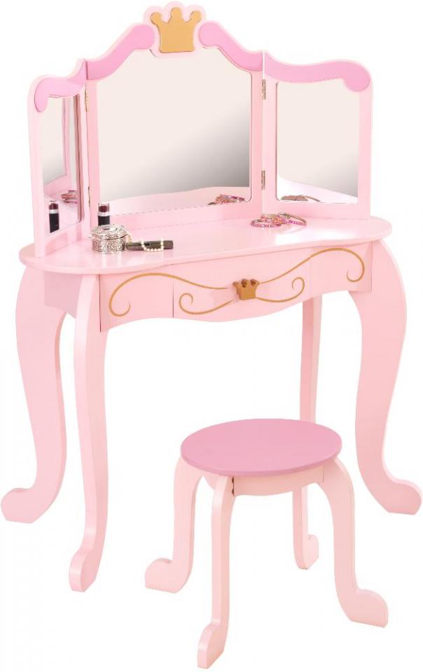 Coiffeuse en bois et tabouret rose pour enfant Princesse Coiffeuse en bois et tabouret