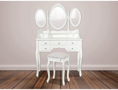 Coiffeuse et tabouret DARYA - Avec 3 miroirs et 7