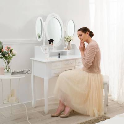 Coiffeuse Miroir 3 Faces Rabattables + 7 Tiroirs +