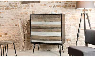 COMMODE VINTAGE EN BOIS MASSIF ET MÉTAL NOIR 5 TIR