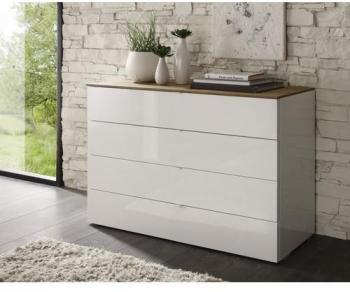 Commode laquée blanche 4 tiroirs plateau bois miel Commode laquée blanche 4 tiroirs