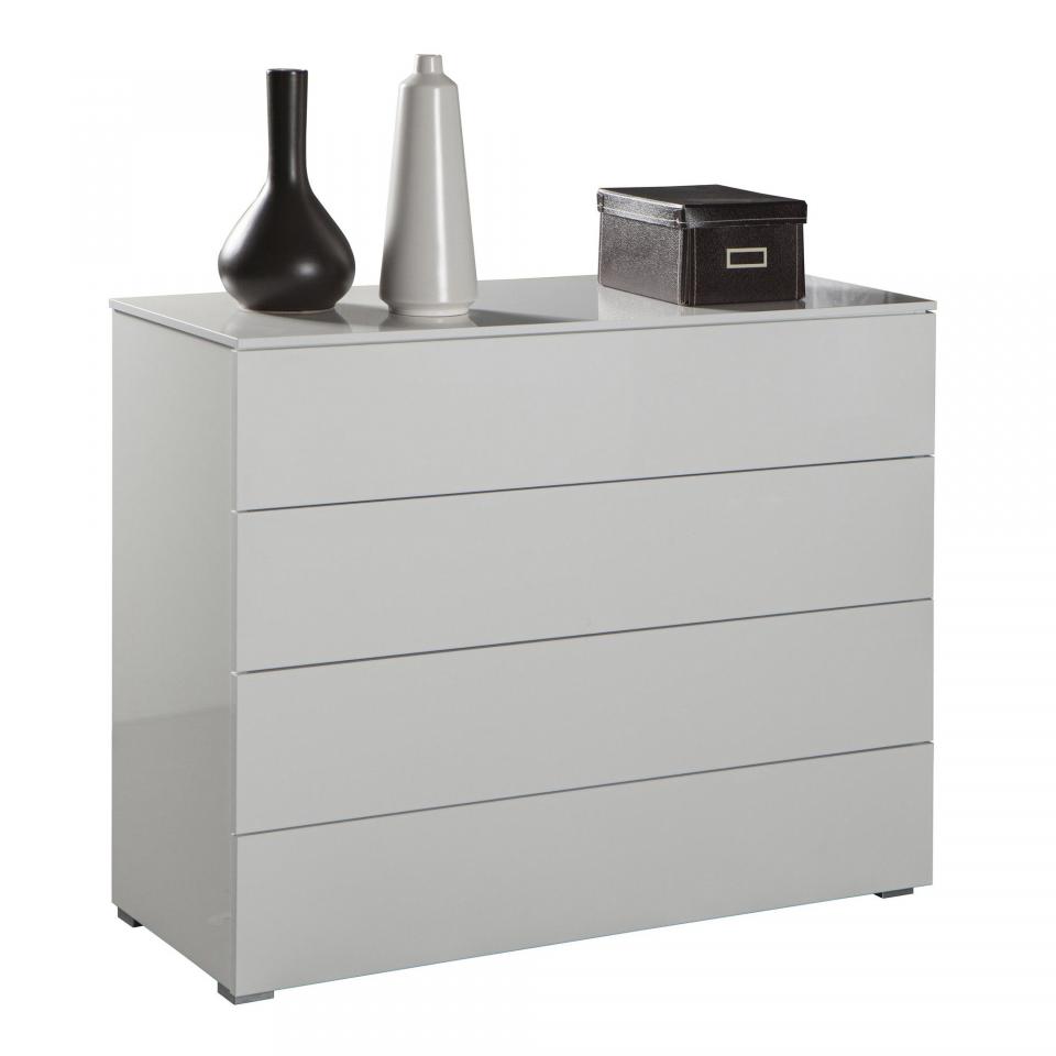 Commode blanche laquée pieds chromés 4 tiroirs Bla