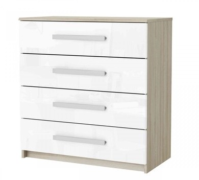 Commode 4 tiroirs imitation chêne brossé et blanc