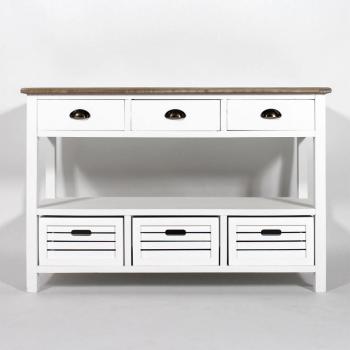 Console MDF 6 tiroirs blanche, plateau naturel