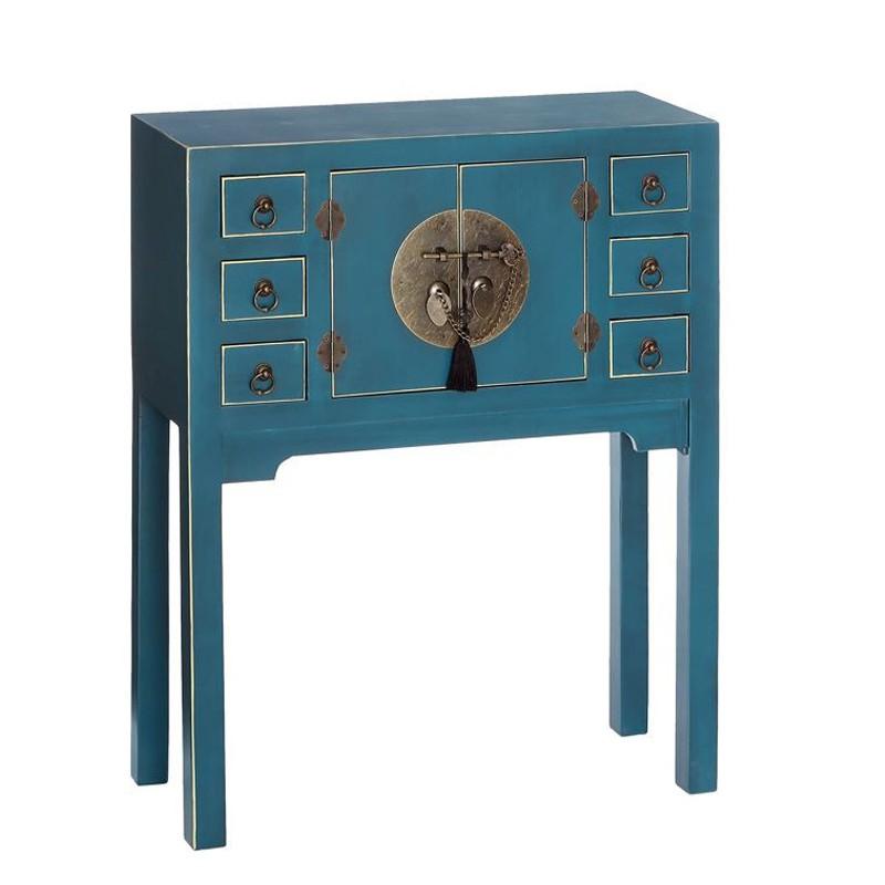 Console 2 portes, 6 tiroirs Bleue Meuble Chinois -