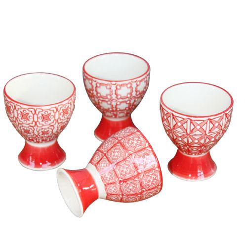 Coquetier en céramique motif rouge et blanc (par 4
