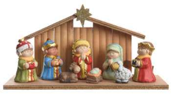 Crèche de Noël Bois et 8 Santons Porcelaine Crèche de Noël Bois et 8 Santons