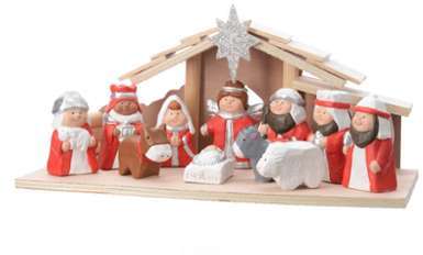Crèche de Noël en terre cuite et maison en bois bl