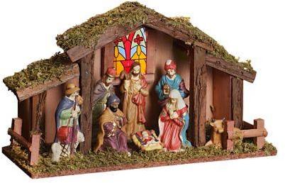 Crèche de noël bois 8 santons et vitrail