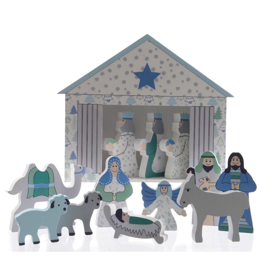 Crèche De Noël Bleu Blanc avec 12 Santons Bois Crèche De Noël Bleu Blanc
