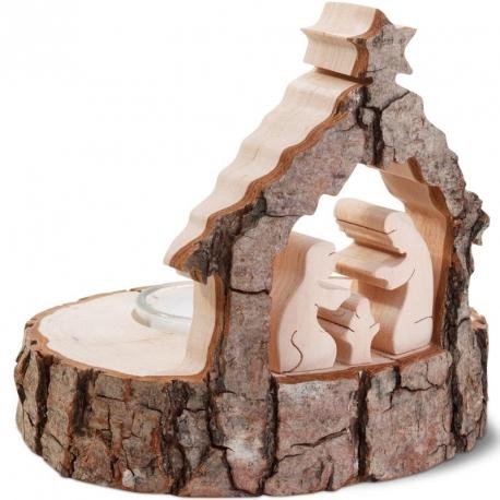 Crèche de Noël sur rondin de bois avec bougeoir