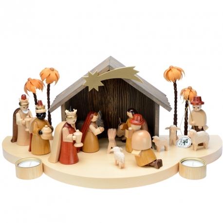 Grande crèche de Noël en bois avec personnages